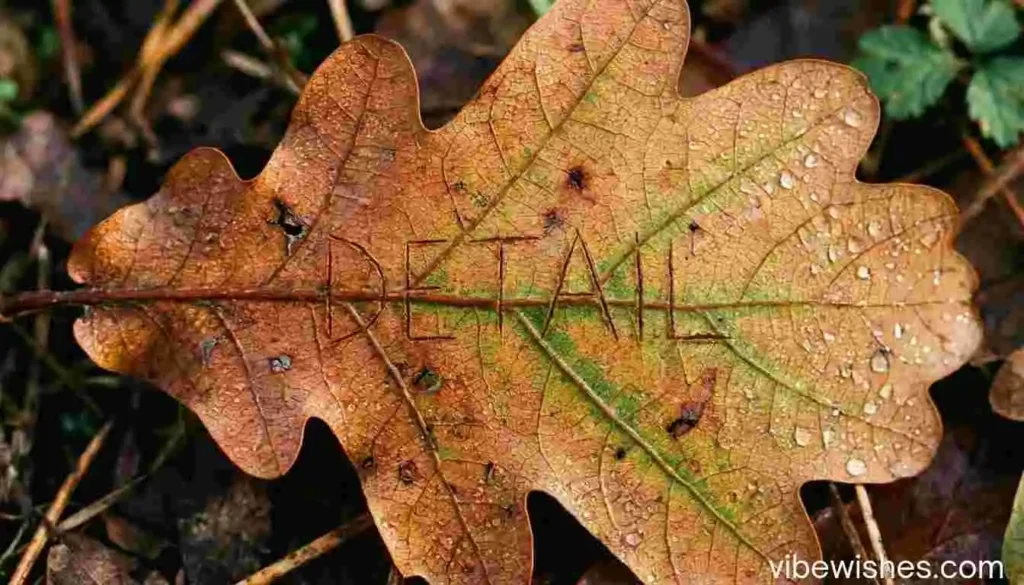 A brown oak leaf with the word DETAIL carved into it for August 31st birthday wishes.