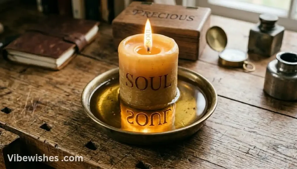 Lit candle on a bronze stand engraved with Soul for reflection