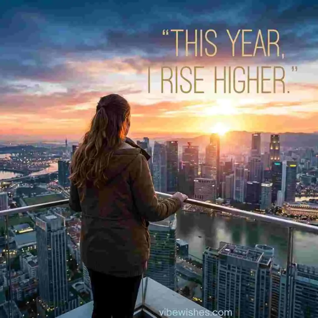 A woman looking at a city skyline at sunset with inspirational august 1 birthday quotes.