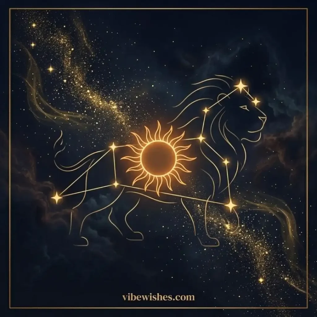 A glowing Leo zodiac constellation in the night sky with stars and a sun symbol.