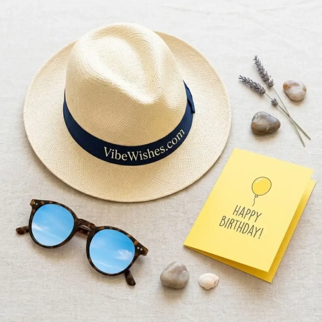 A summer hat, sunglasses, and a birthday card for Leo birthday quotes.