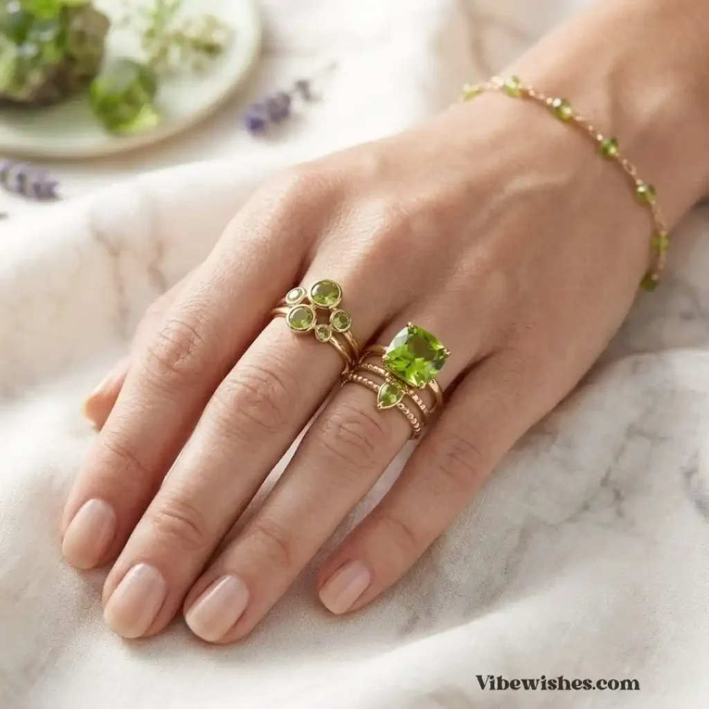 A hand wearing multiple gold rings with peridot stones as August birthstone gifts.