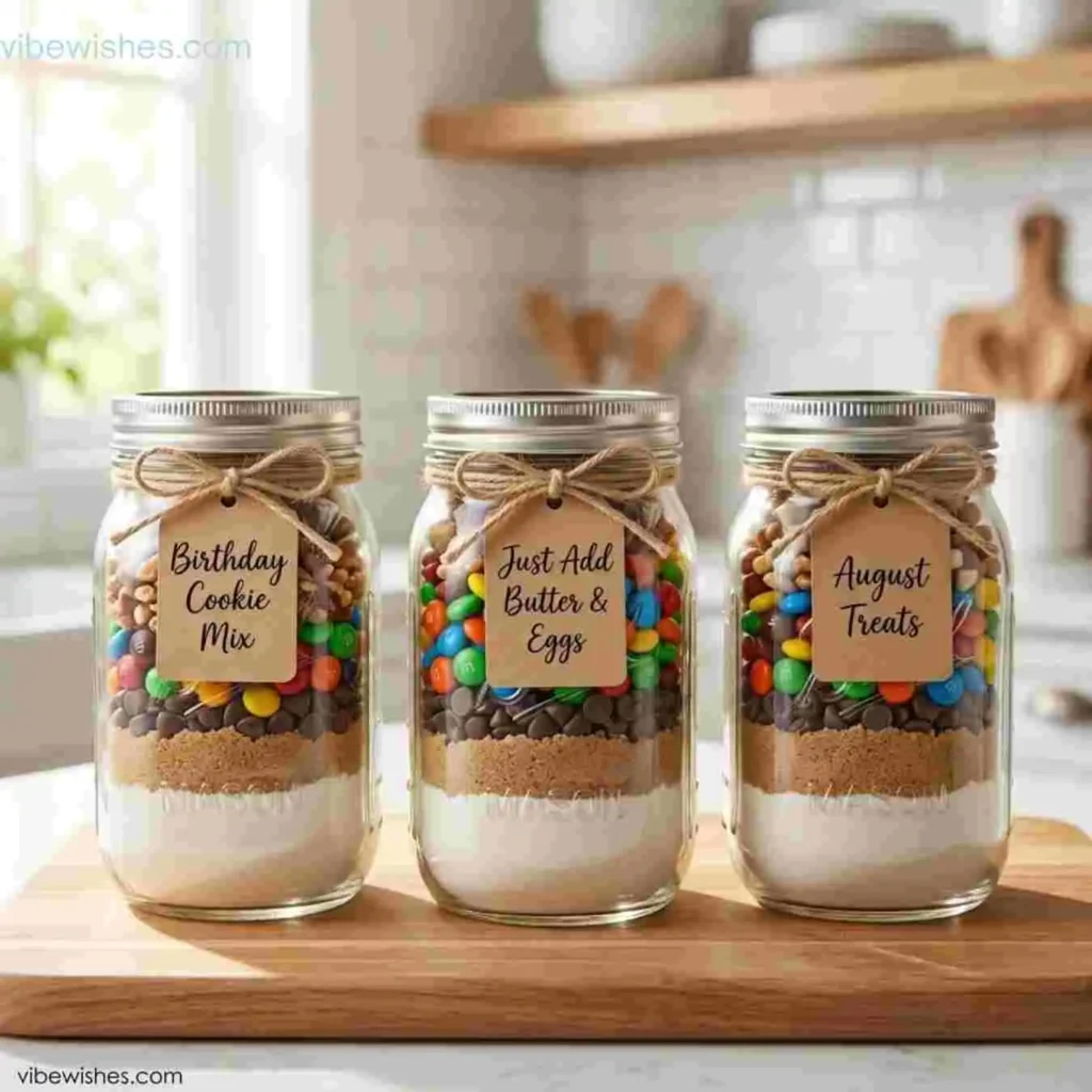 Mason jars filled with cookie ingredients for a DIY August birthday gift.