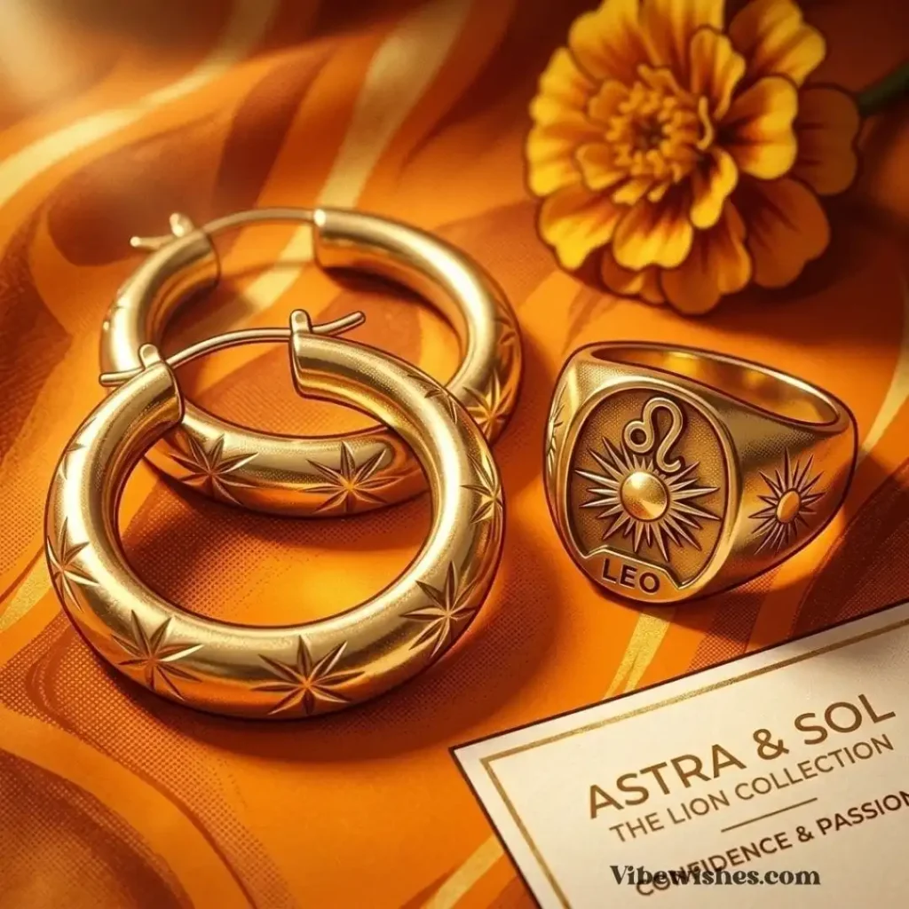 Gold hoop earrings and a Leo signet ring displayed as a Leo birthday gift.