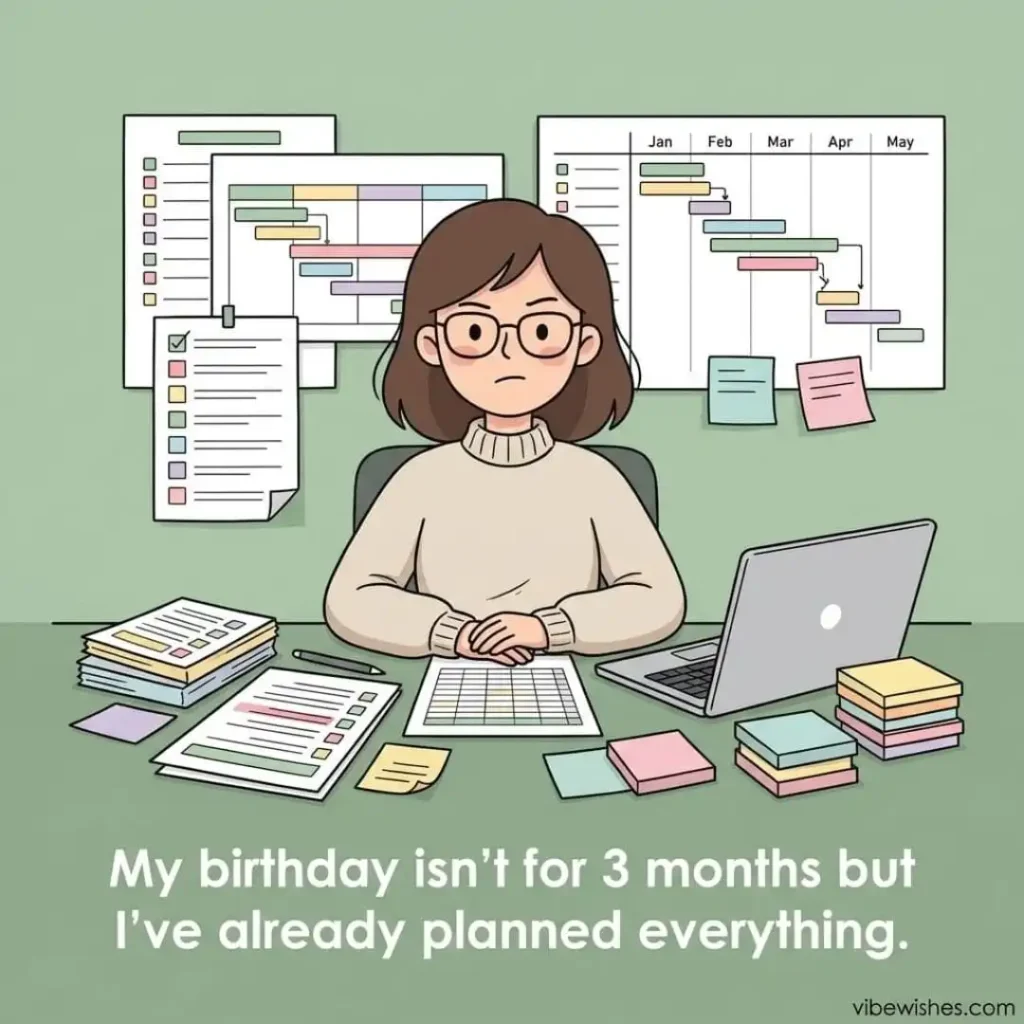 August birthday meme showing an organized Virgo woman planning her birthday months in advance.