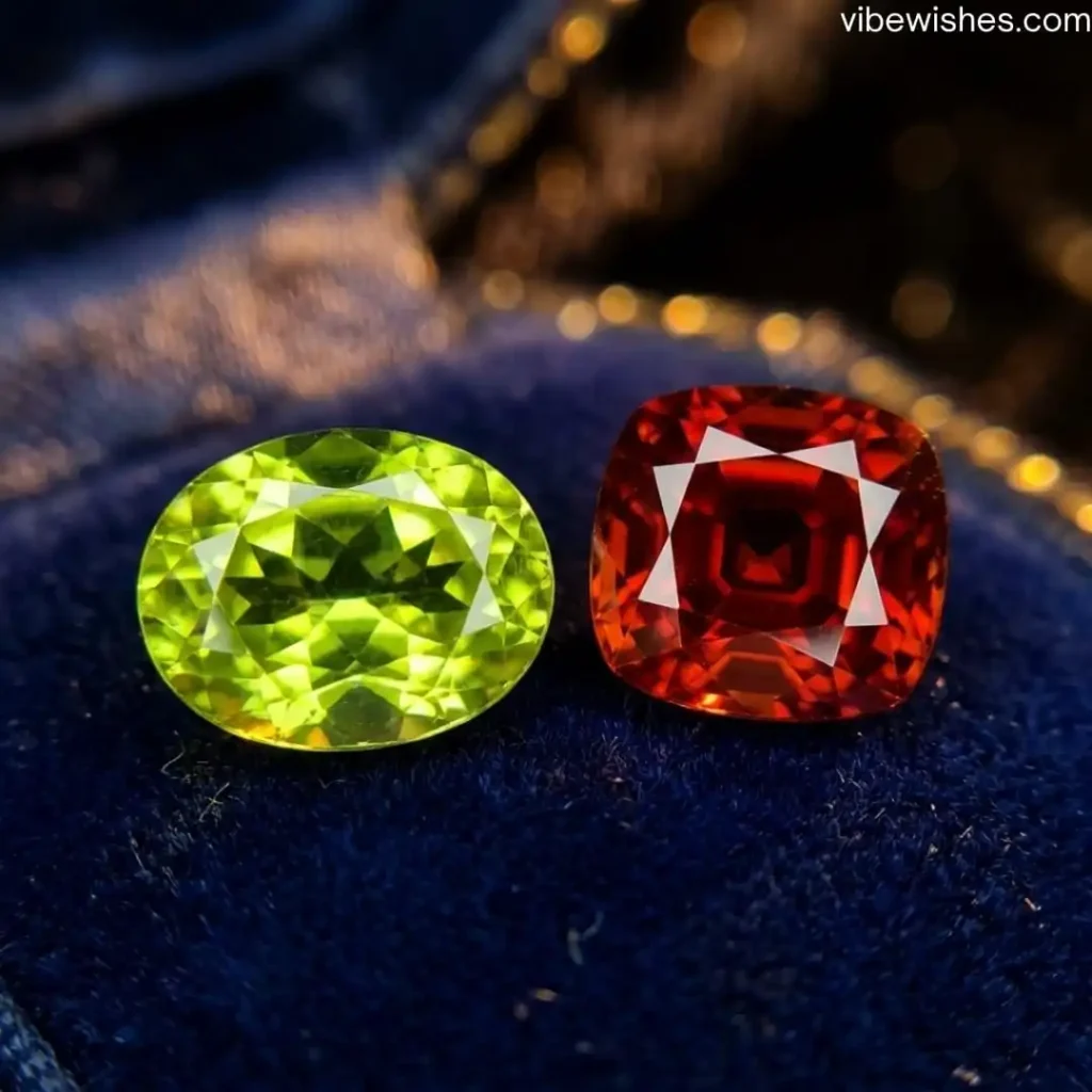 Close-up of two sparkling gemstones for the August birthday month, featuring a green Peridot and a red Spinel.