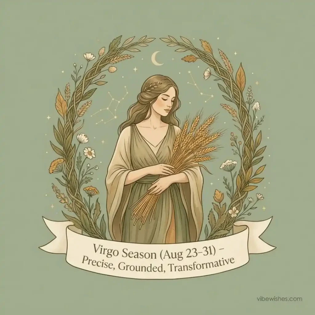 An aesthetic square image featuring the Virgo symbol on a soft teal and green background for the August birthday horoscope.