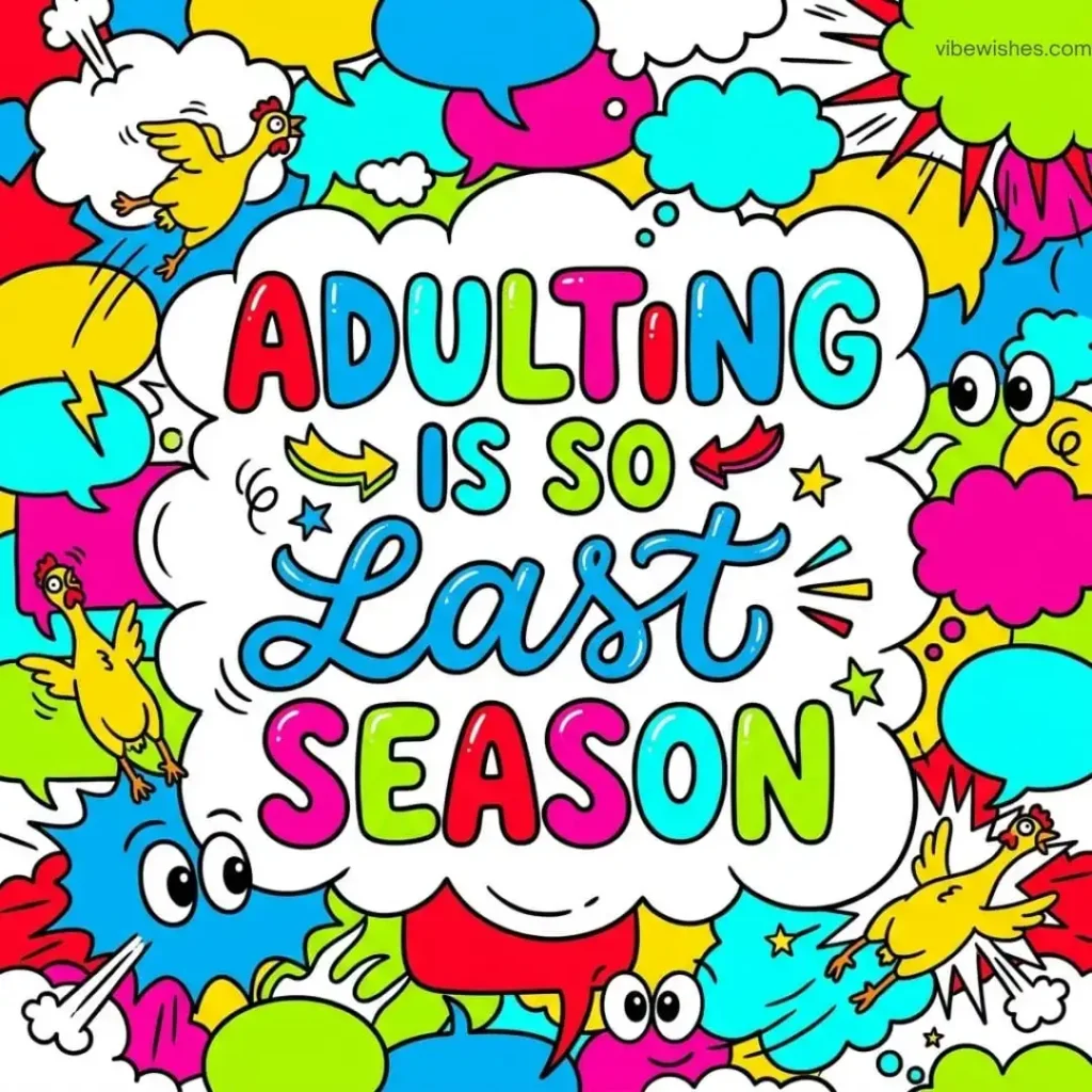 Bright colorful comic style background with text about adulting and funny birthday sayings for wife.