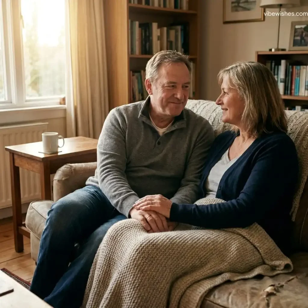 An older couple sitting together on a comfortable sofa, smiling and thinking about sweet birthday notes to my wife.