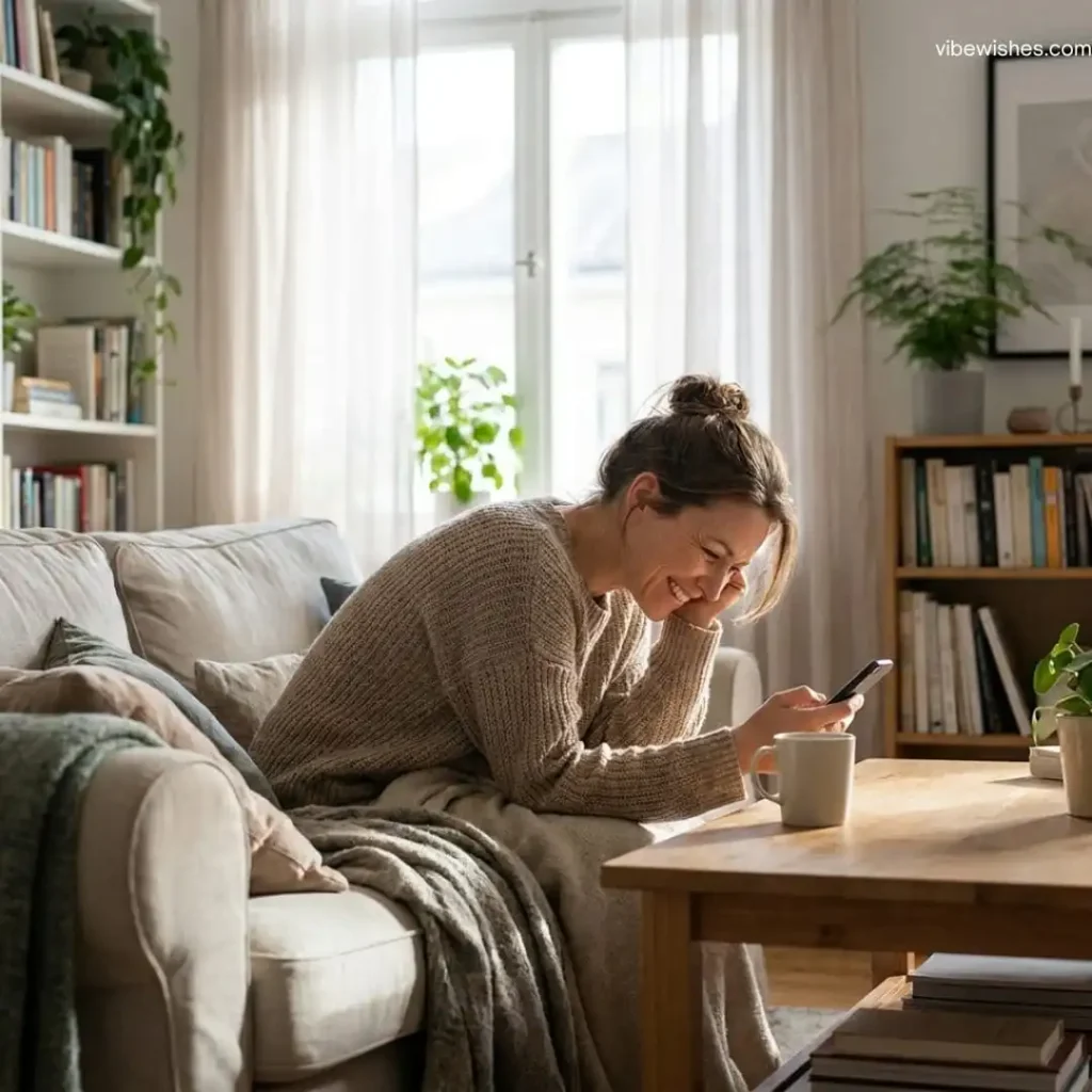 A happy woman sitting on a couch and smiling at her phone, reading sweet birthday greetings to wife.