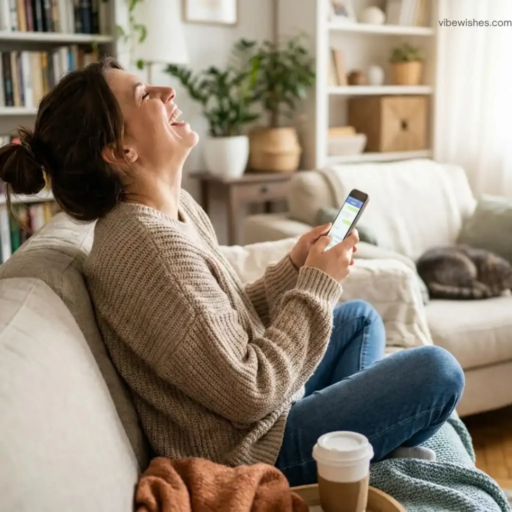 A happy woman sitting on a couch and smiling at her smartphone while reading cute birthday texts for wife.