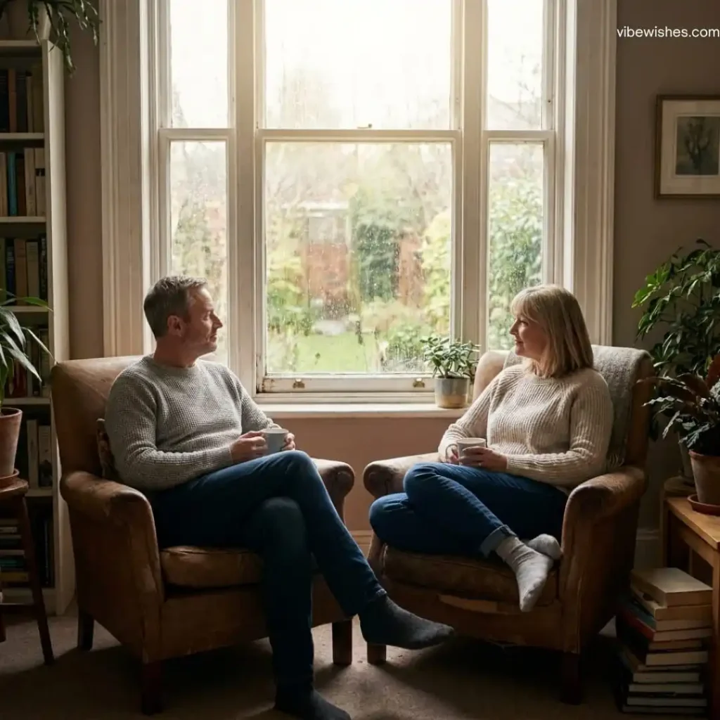 A couple sitting in armchairs and talking near a window, showcasing deep birthday sentiments for wife.
