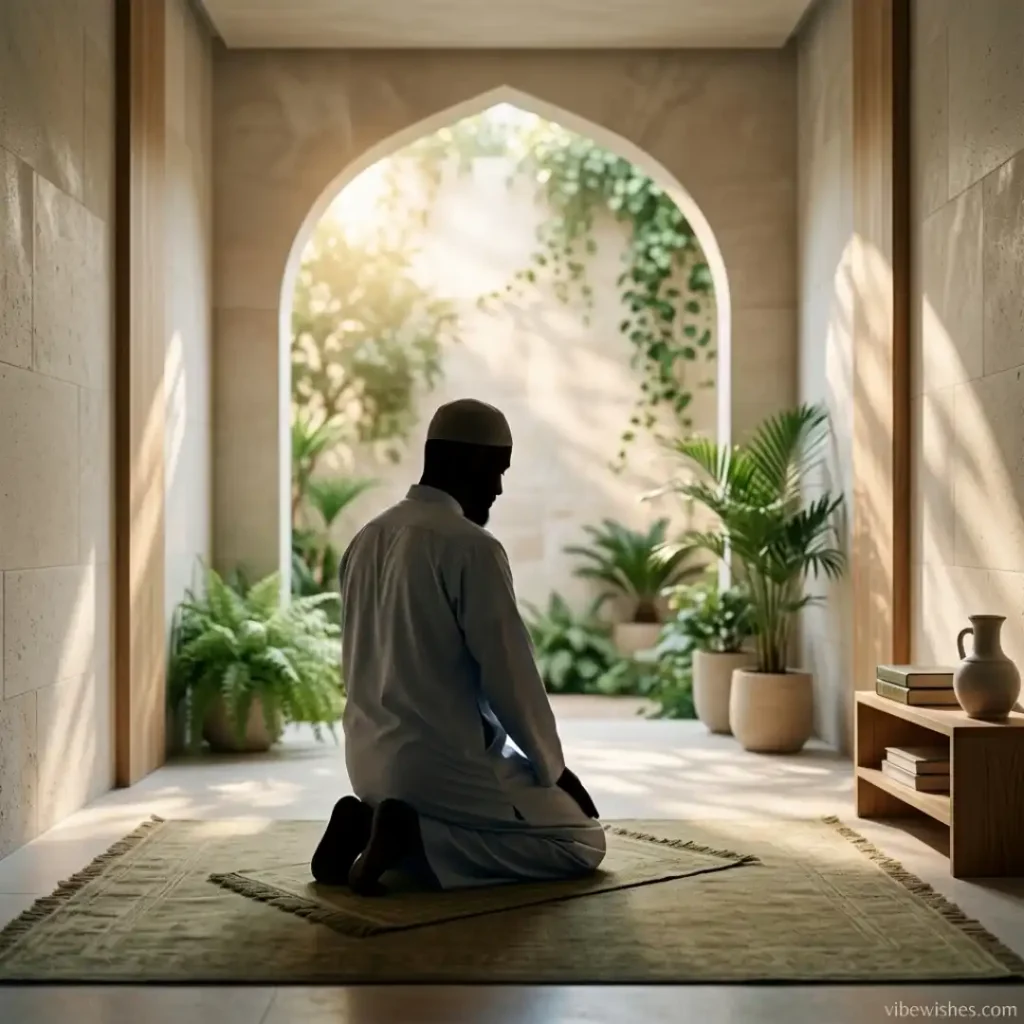 A Muslim man sitting in prayer on a mat under a beautiful stone archway, representing heartfelt Islamic birthday messages for husband.