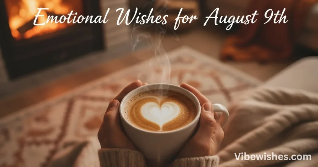 Person holding a warm cup of coffee with heart latte art near a fireplace, representing emotional wishes for an August 9th birthday.