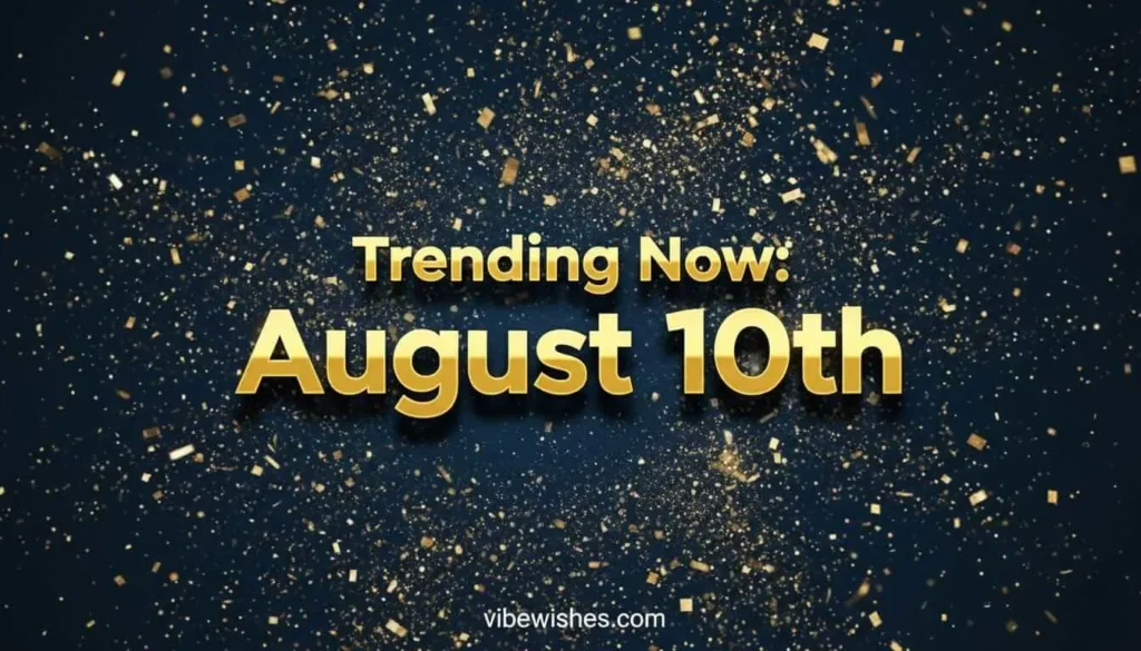 Elegant dark background with shimmering golden particles and gold text reading trending now August 10th birthday.
