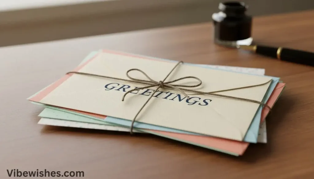 A stack of colorful envelopes tied with twine with the word "GREETINGS" printed on top for an august 14 birthday.