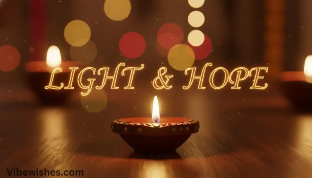 A traditional diya (oil lamp) glowing brightly in the foreground with "LIGHT & HOPE" text and colorful blurred lights (bokeh) in the background, making a meaningful august 15 birthday message.