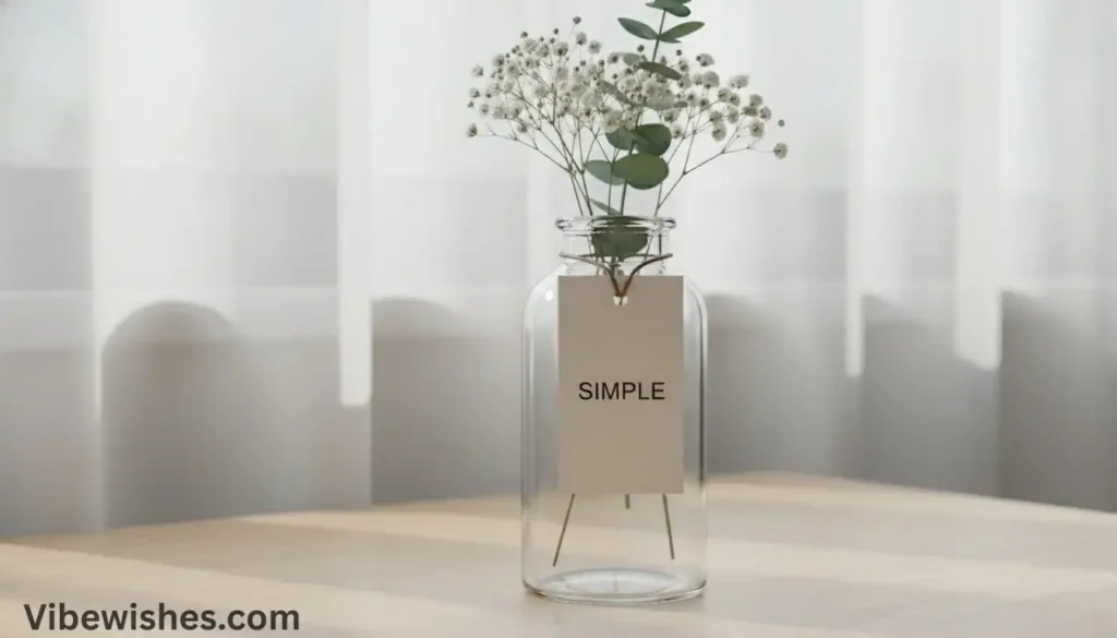 A clear glass vase with delicate white flowers and a "SIMPLE" tag for an August 16 birthday theme.