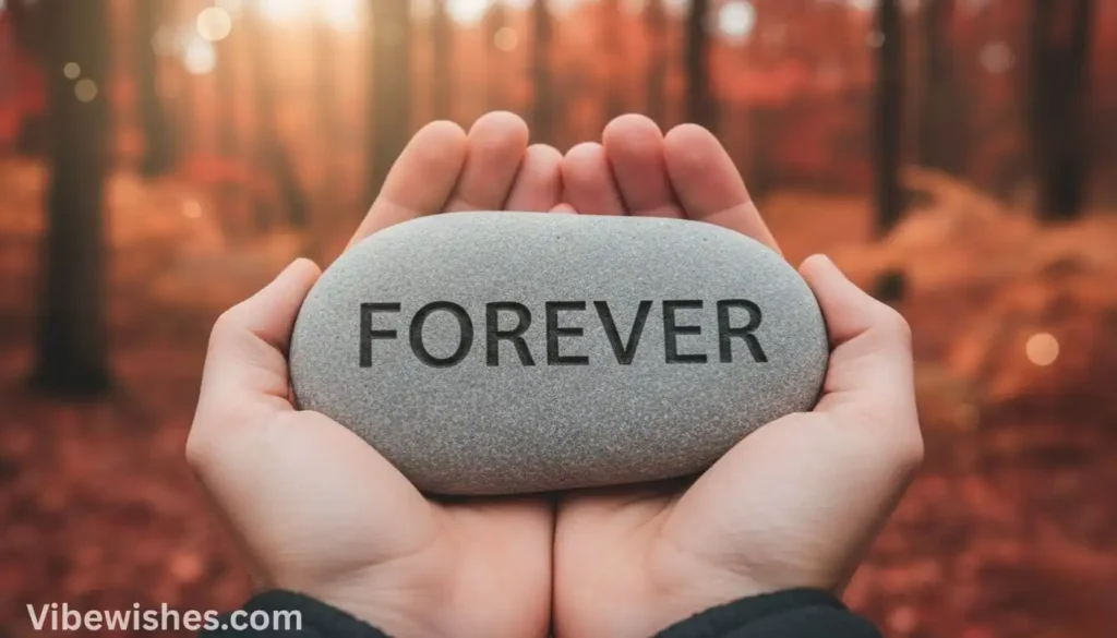 Hands holding a smooth stone with 'FOREVER' engraved, perfect for August 17th birthday wishes to a loved one.