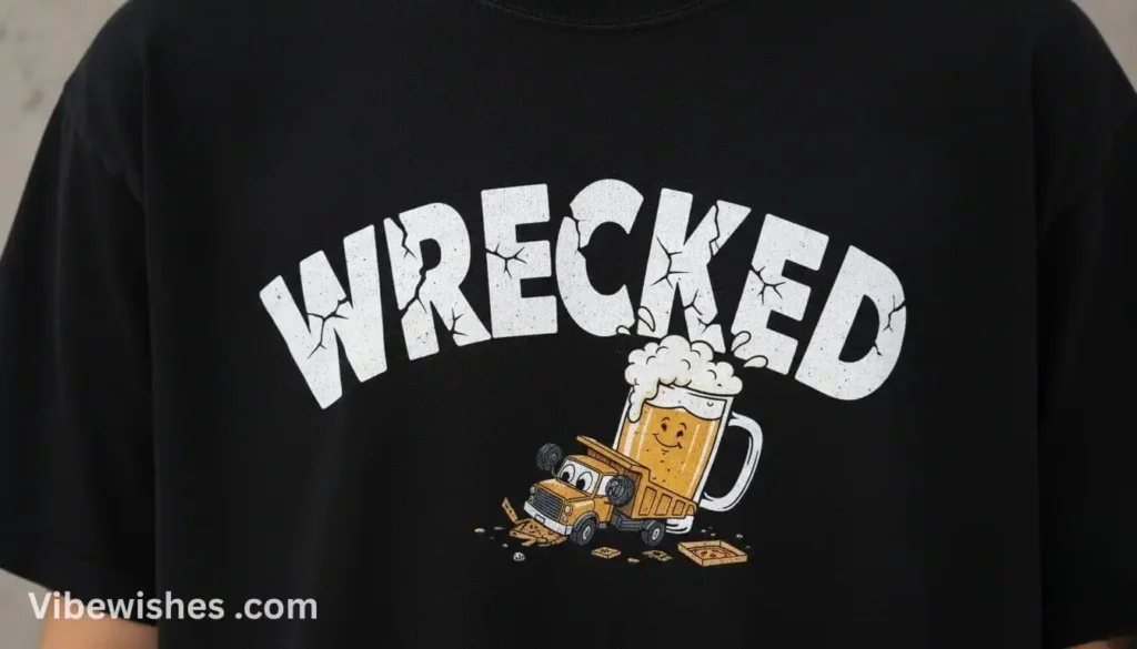 A funny black t-shirt design with 'WRECKED' text and a beer mug illustration for an August 18 birthday.
