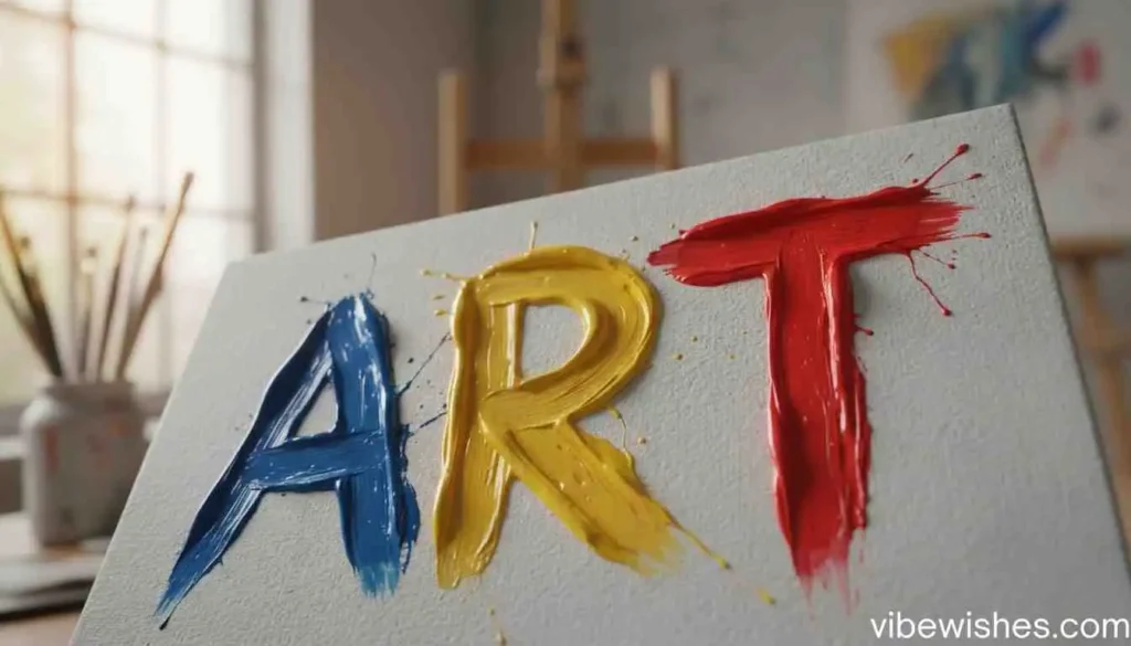 Thick oil paint brushstrokes spelling 'ART' on a white canvas for a creative August 24 birthday greeting.