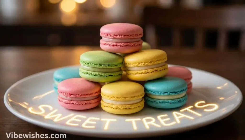 Stack of colorful macarons on a plate with "Sweet Treats" glowing text for a birthday