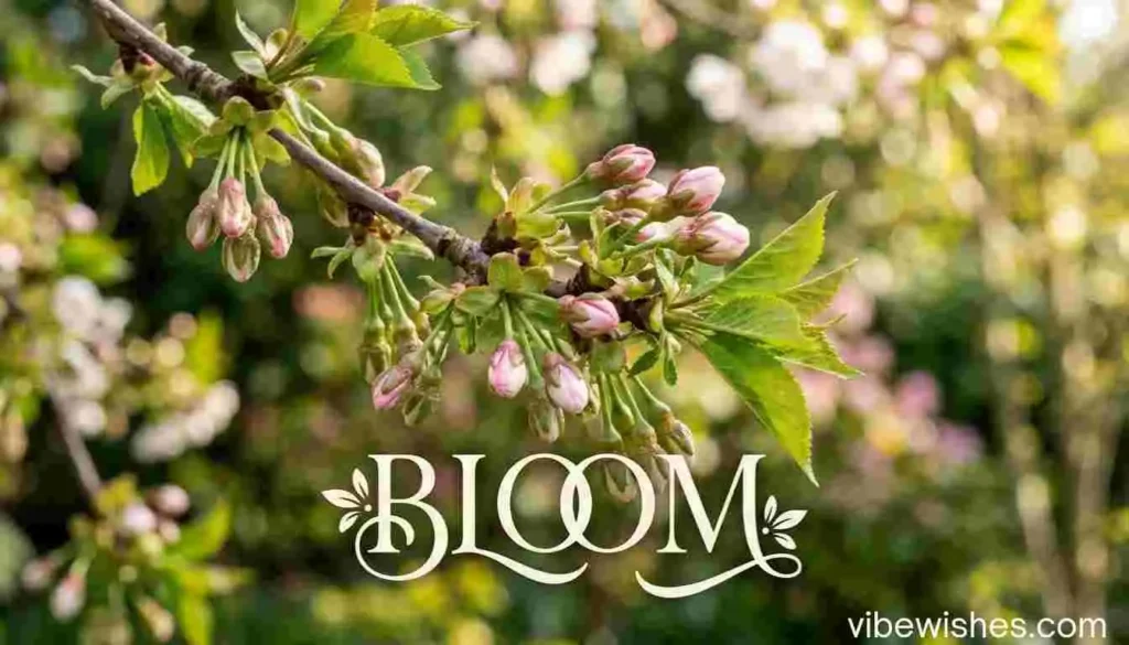 Spring flower buds on a branch with BLOOM text for an August 22 birthday wish