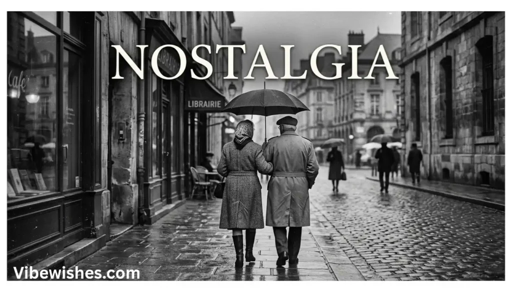 Black and white photo of a couple walking in Paris rain with Nostalgia overlay