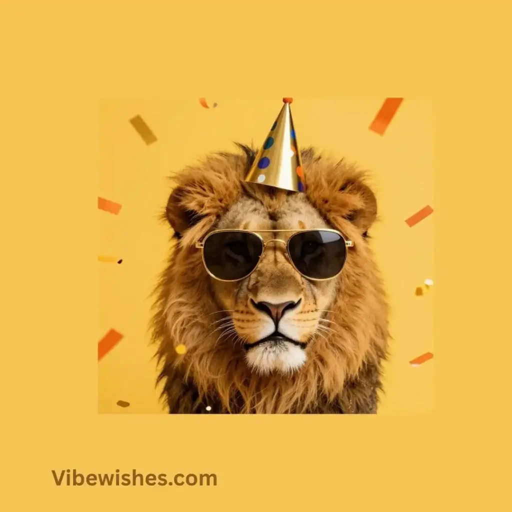 A cool lion wearing sunglasses and a party hat for funny Leo birthday quotes.