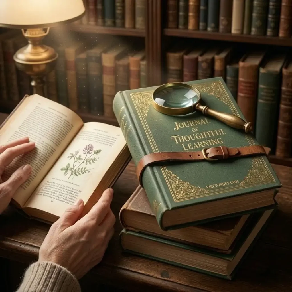 A stack of old books and a magnifying glass for intellectual Virgo birthday quotes.