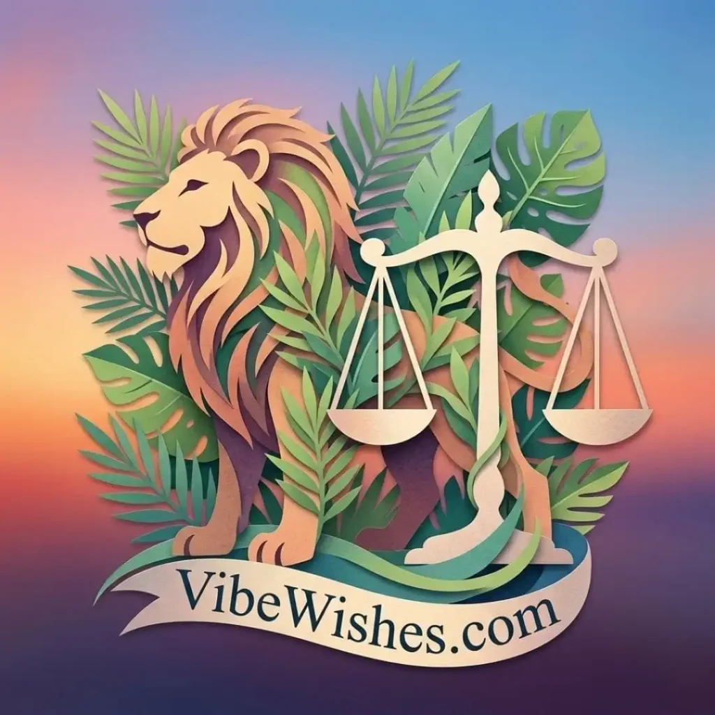 A colorful paper-cut style lion and scales for Leo birthday quotes.
