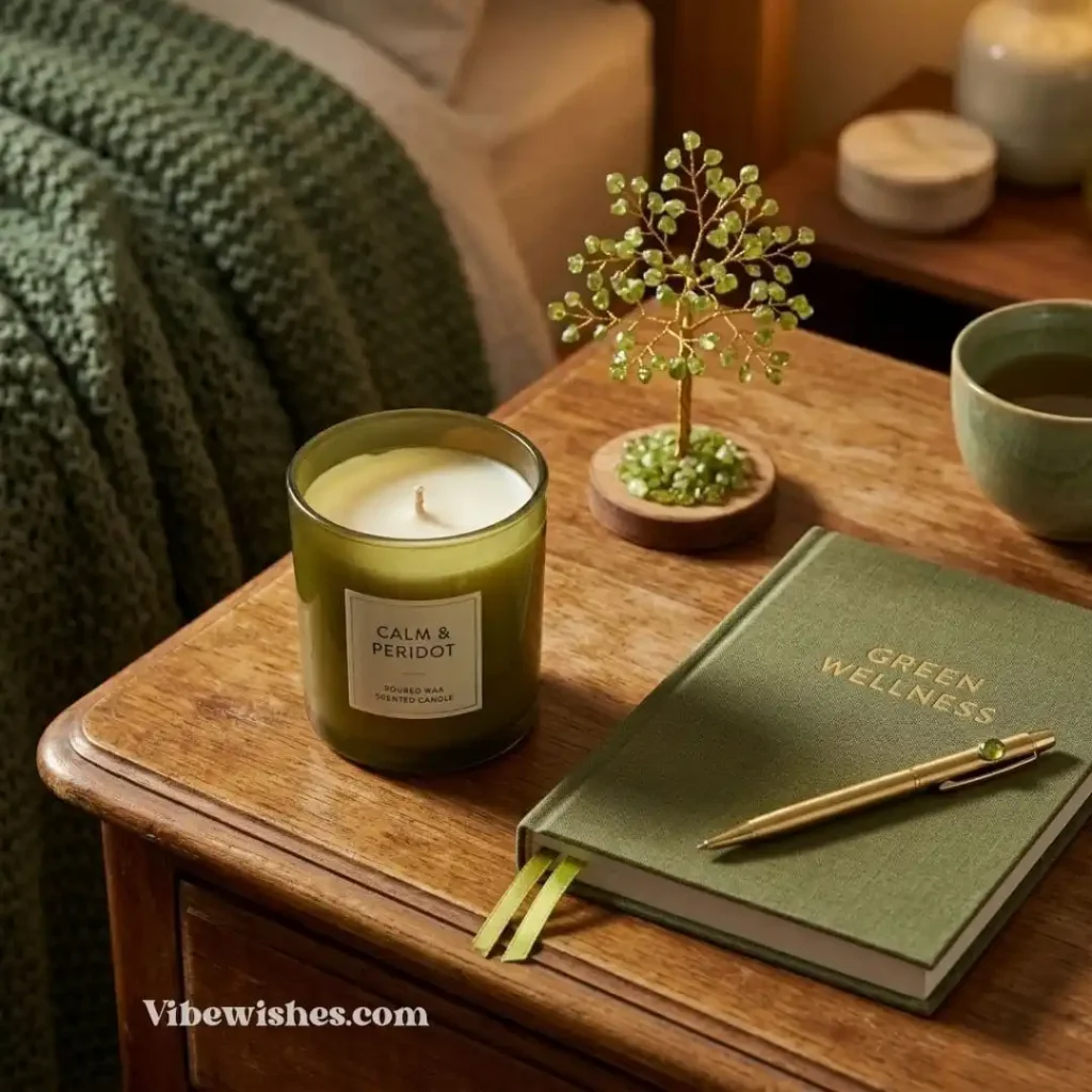 A green wellness journal and peridot scented candle for August birthstone gifts.