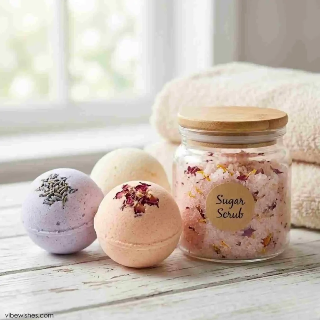 Sugar scrub and bath bombs set as a DIY August birthday gift.