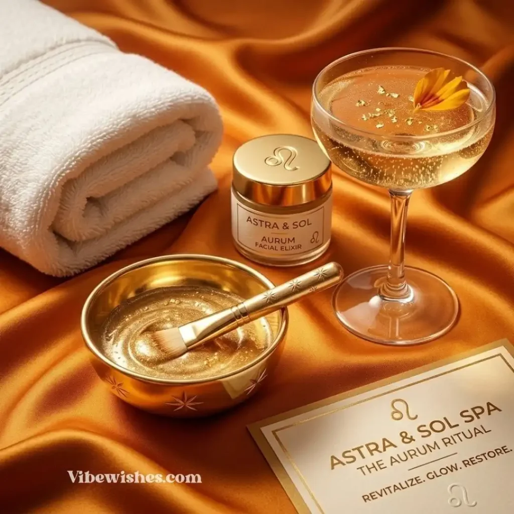 Luxury gold facial elixir and a glass of champagne for a Leo birthday gift.