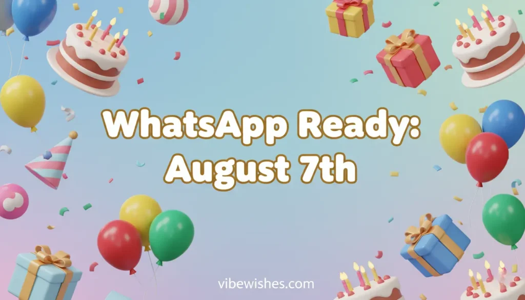 Playful 3D birthday icons including cakes and balloons for WhatsApp ready August 7th messages.