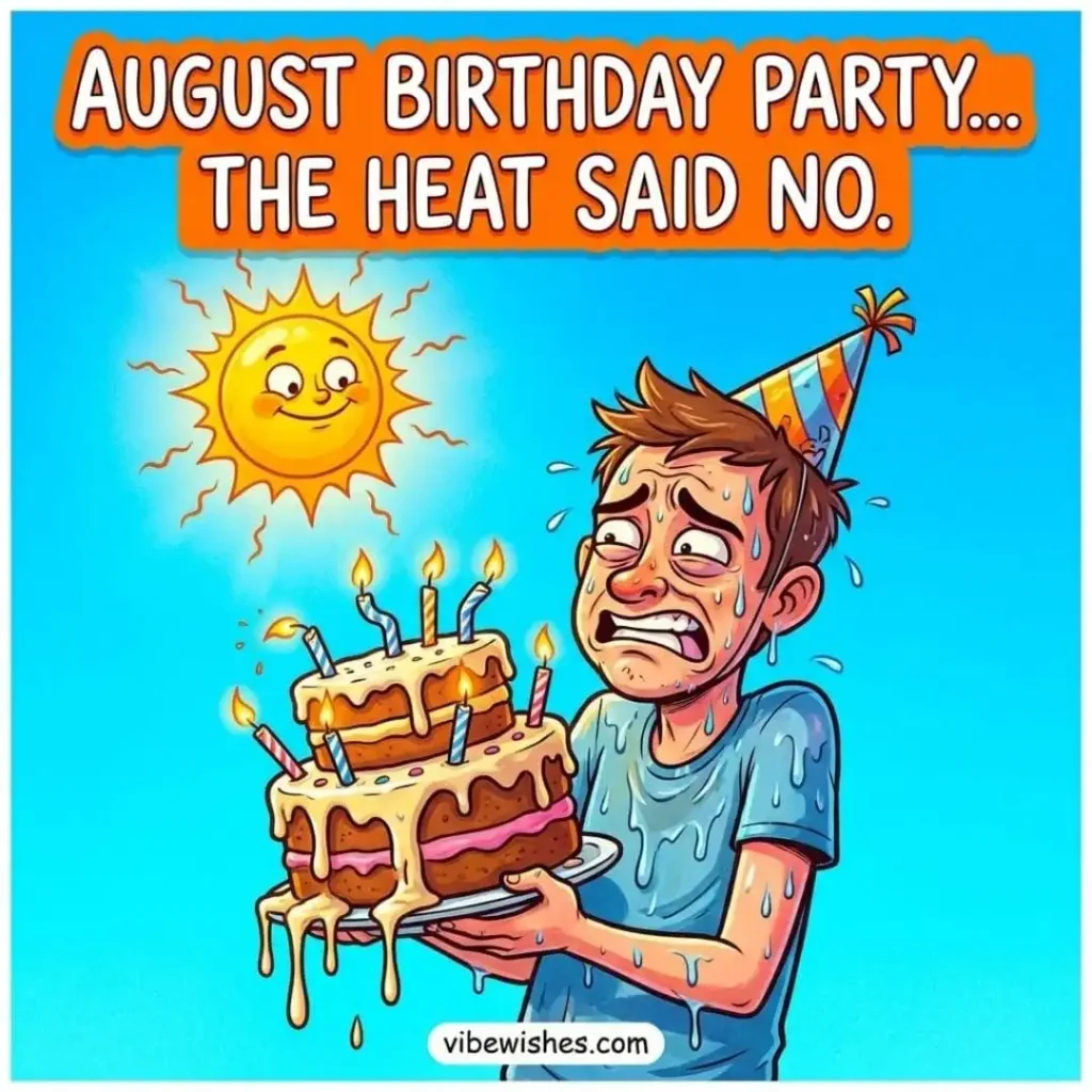 Relatable August birthday meme showing a person melting in the summer heat with a cake.
