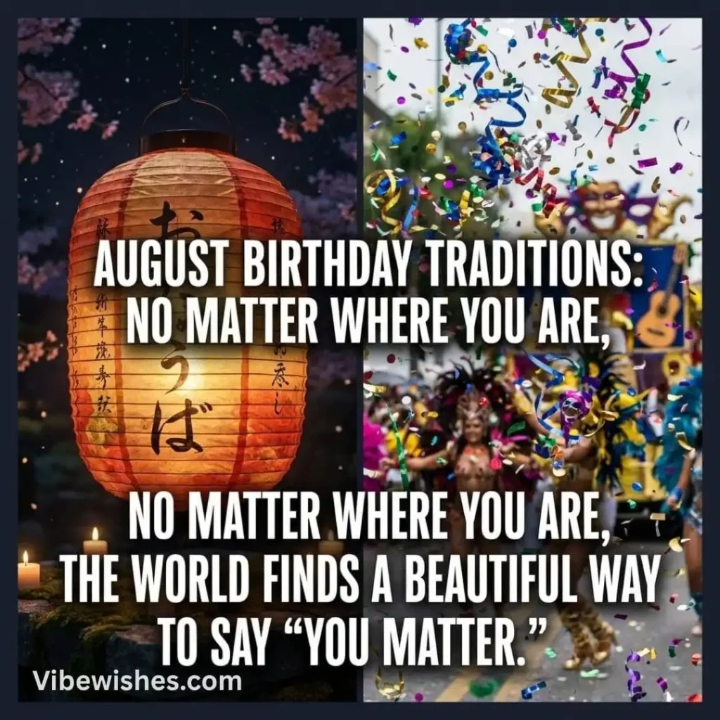 A split-screen image showing a peaceful Japanese lantern and a vibrant carnival parade for August birthday traditions.