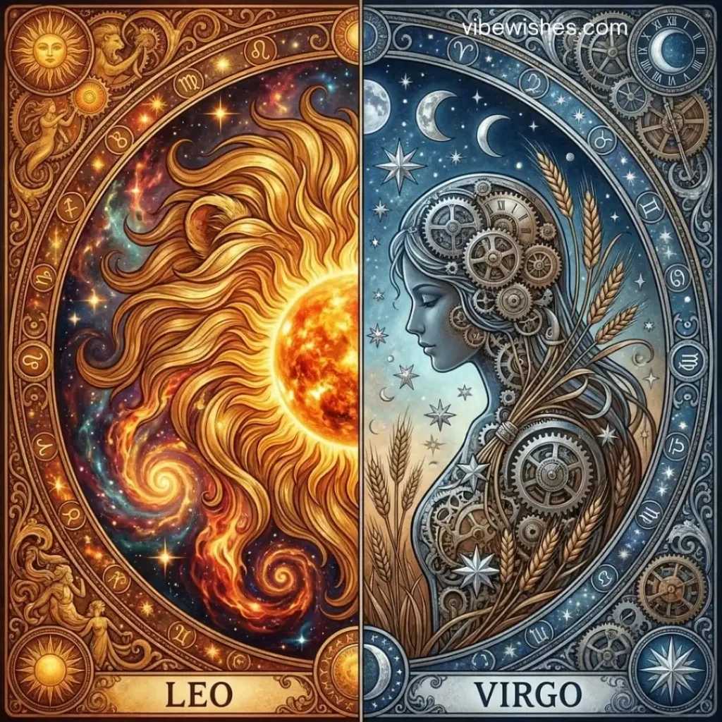 Artistic split-screen illustration for the August birthday month showing the fiery sun of Leo and the celestial gears of Virgo.