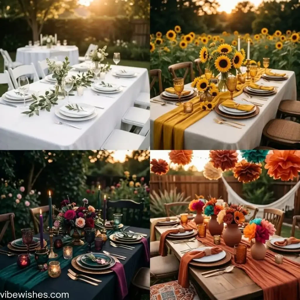 A collage showing four different table decor styles for an August birthday party idea, including sunflowers and boho themes.