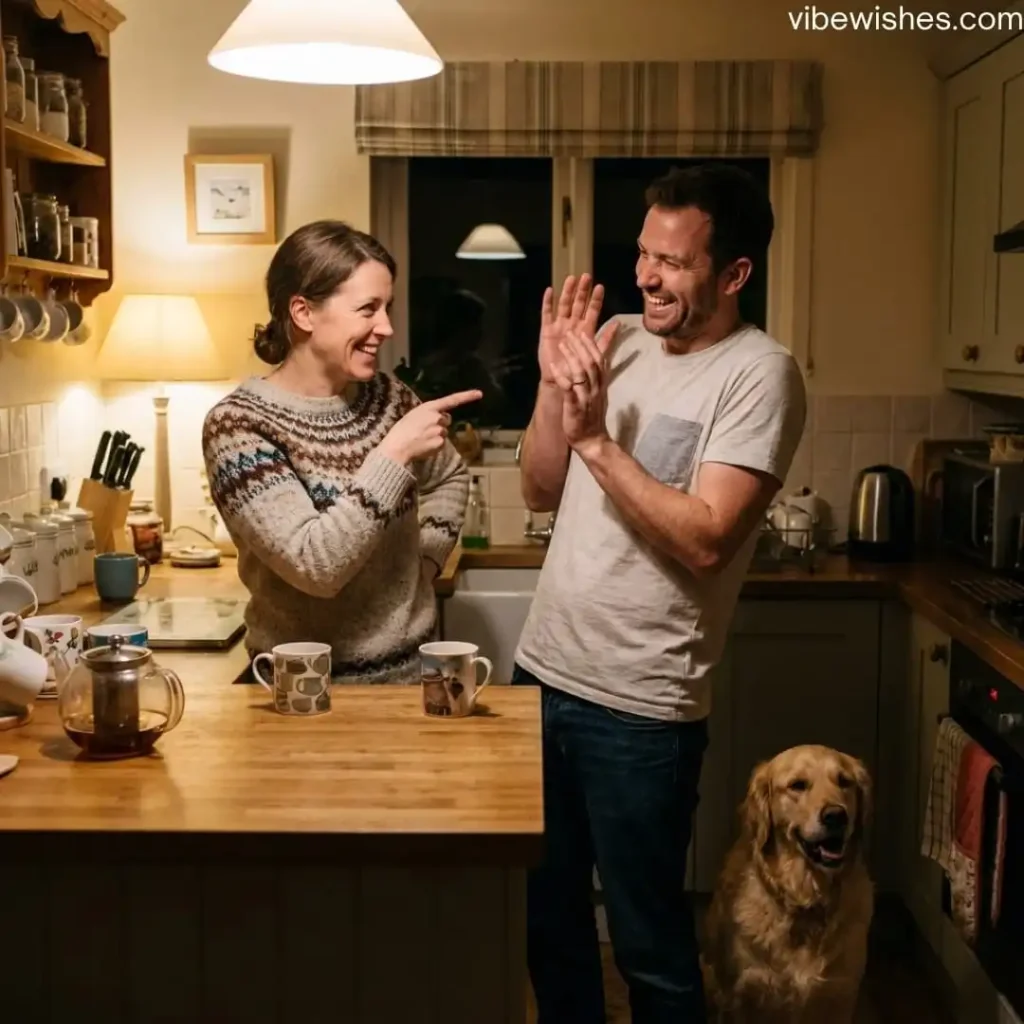 A woman pointing and laughing at her husband in the kitchen, perfect for funny birthday sayings for wife.