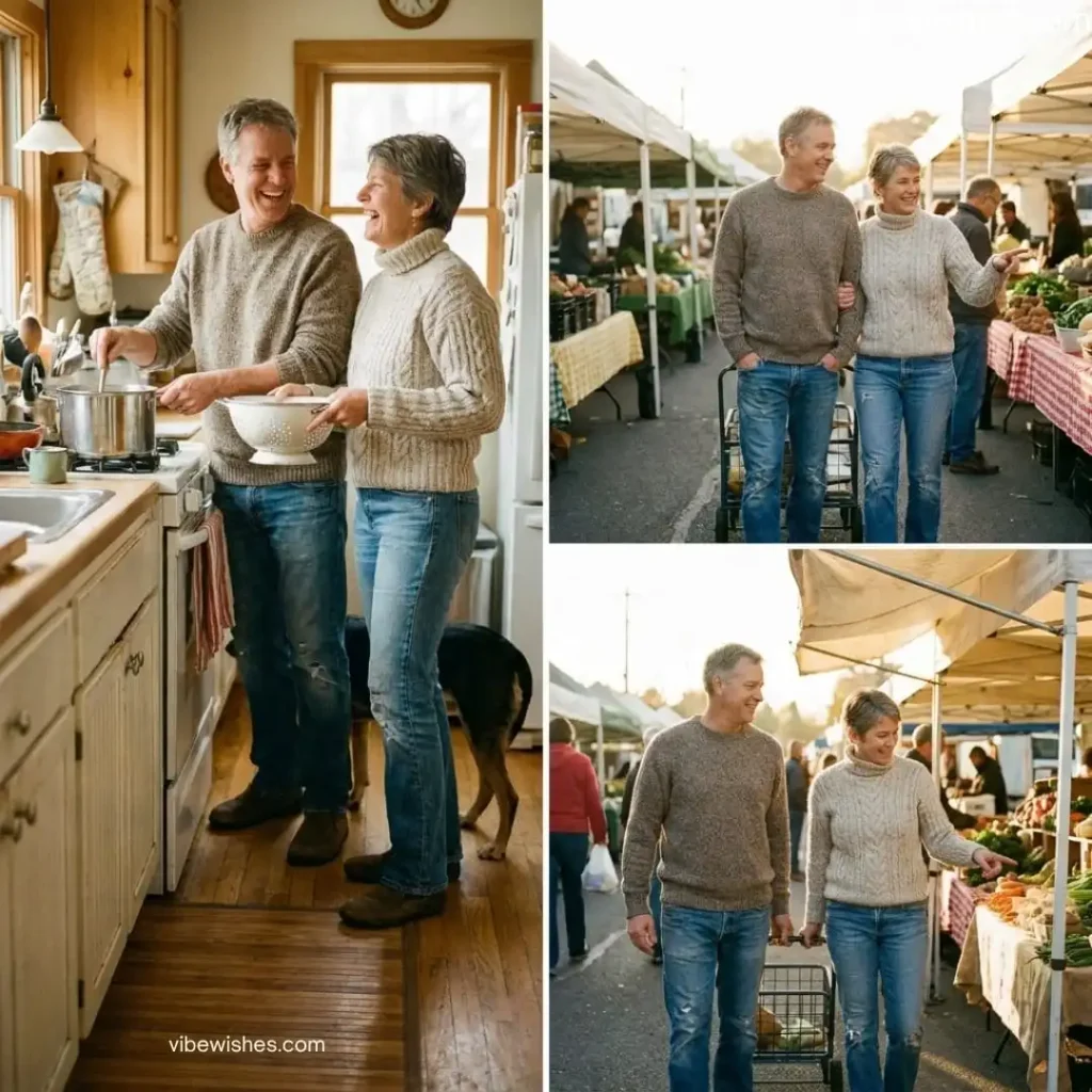 A collage of a happy mature couple cooking together and shopping at a farmer's market, illustrating sweet birthday greetings to wife.