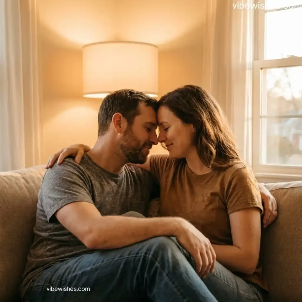 A cozy couple sitting on a sofa touching foreheads, representing deep birthday sentiments for wife.