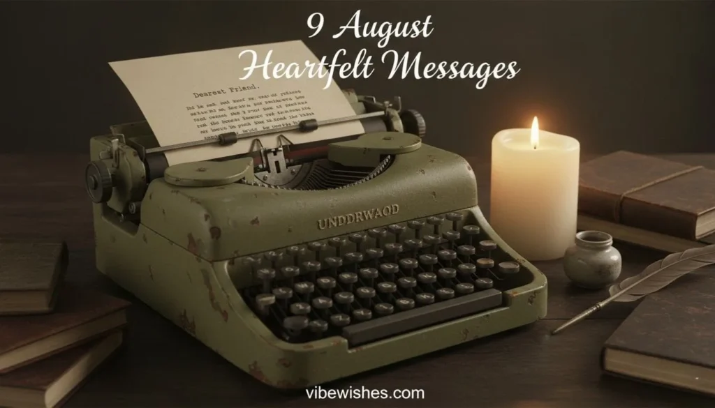 A vintage typewriter with a "Dearest Friend" letter and a lit candle for August 9th birthday heartfelt messages.