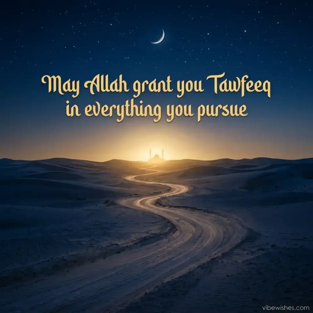 A winding road through a desert leading to a distant mosque under a starry night sky, matching inspirational Islamic birthday messages for husband.