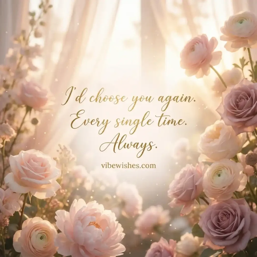 A sun-drenched, ethereal background filled with soft pink and purple roses surrounding golden cursive text that says I'd choose you again every single time always.