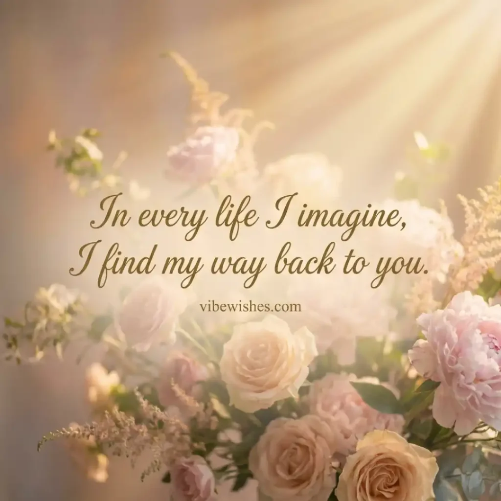 A soft, sunlit bouquet of pink and cream roses with golden cursive text overlay about finding my way back to you, useful for Long Birthday Letters for Wife imagery.