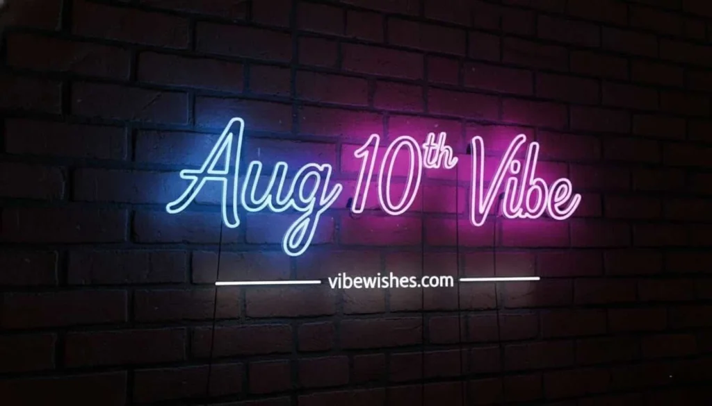 A glowing pink and blue neon sign on a dark brick wall displaying August 10th birthday vibe.