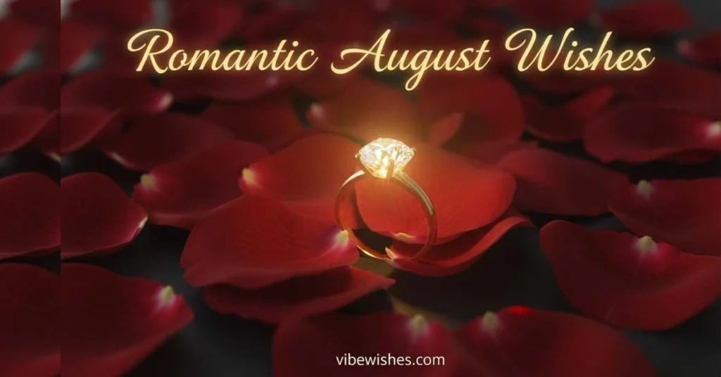 A sparkling diamond ring placed on soft red rose petals for romantic August 11th birthday wishes.