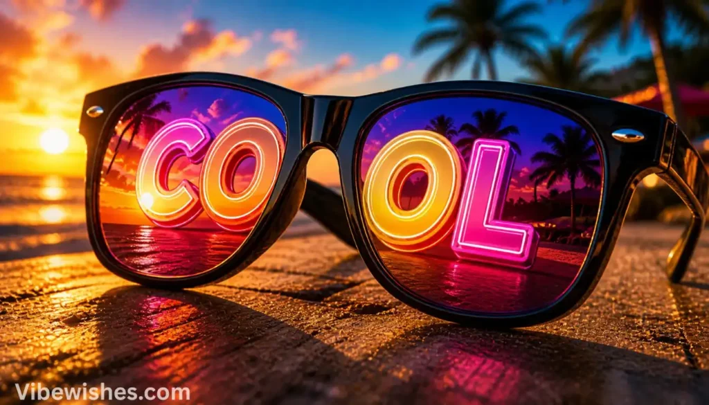 Stylish sunglasses reflecting a beach sunset with 'COOL' text for an August 18 birthday vibe.