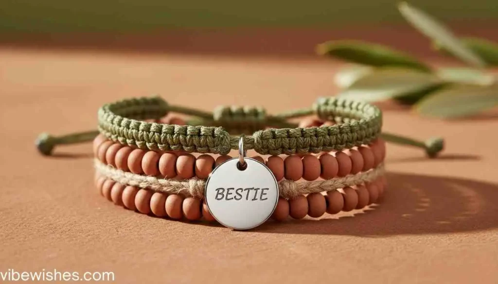 A handcrafted friendship bracelet with a 'BESTIE' charm for an August 25th birthday gift idea.